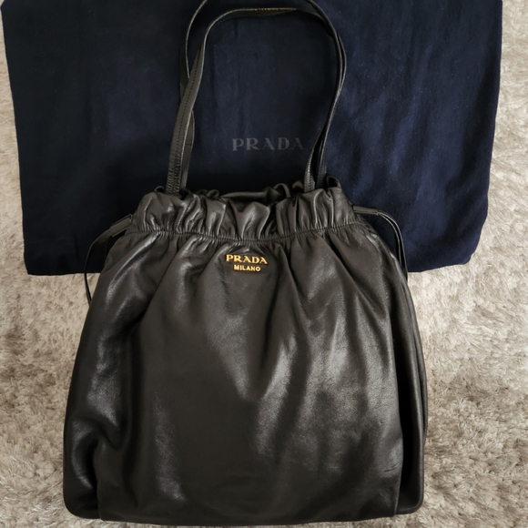 AUTHENTIC PRADA Nero Large Nappa Leather Drawstring Bag - Picture 1 of 16